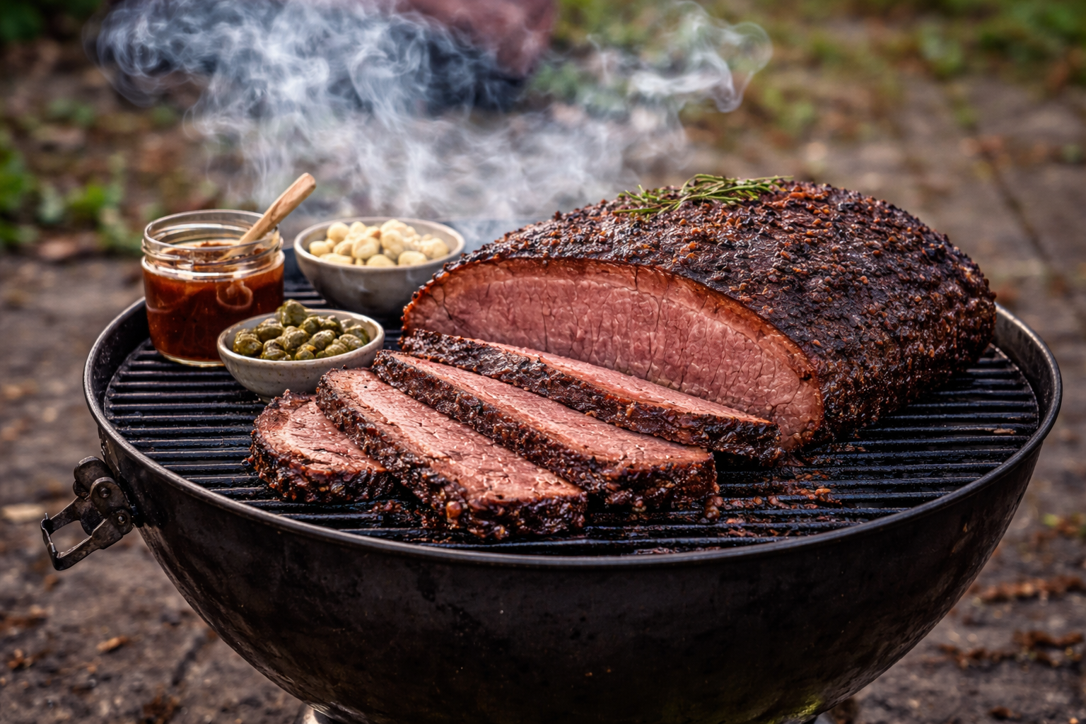 Low and slow smoked brisket on a kettle barbecue in an Aussie winter