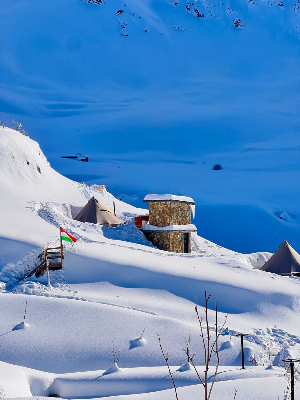 Cold-weather campsite in alpine conditions