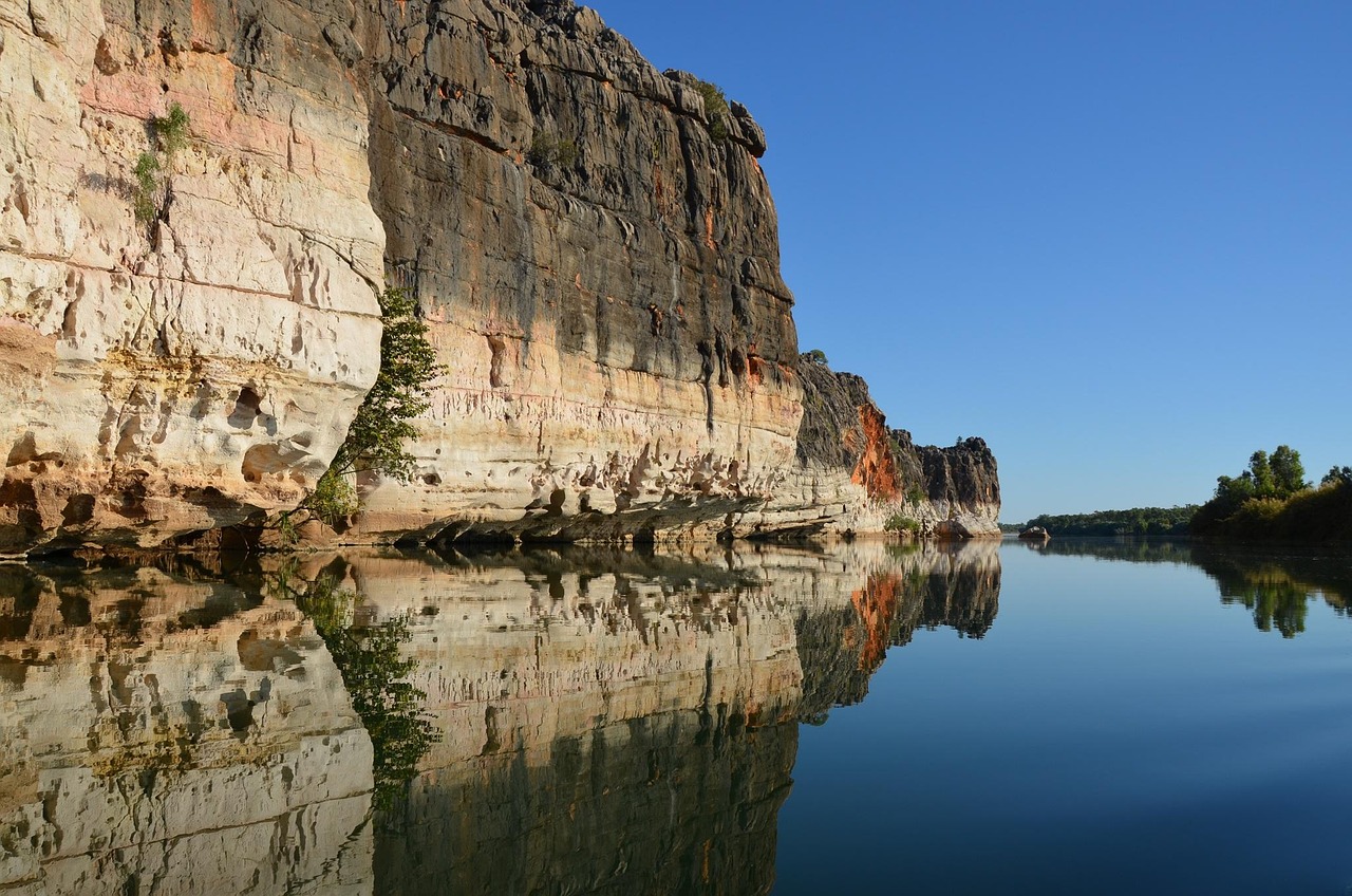 A still stretch of gorge water reflecting the cliffs near Fitzroy Crossing in the Kimberley.
