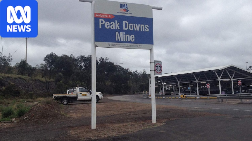 Signs at the entrance to BMA's Peak Downs coal mine in the Bowen Basin.